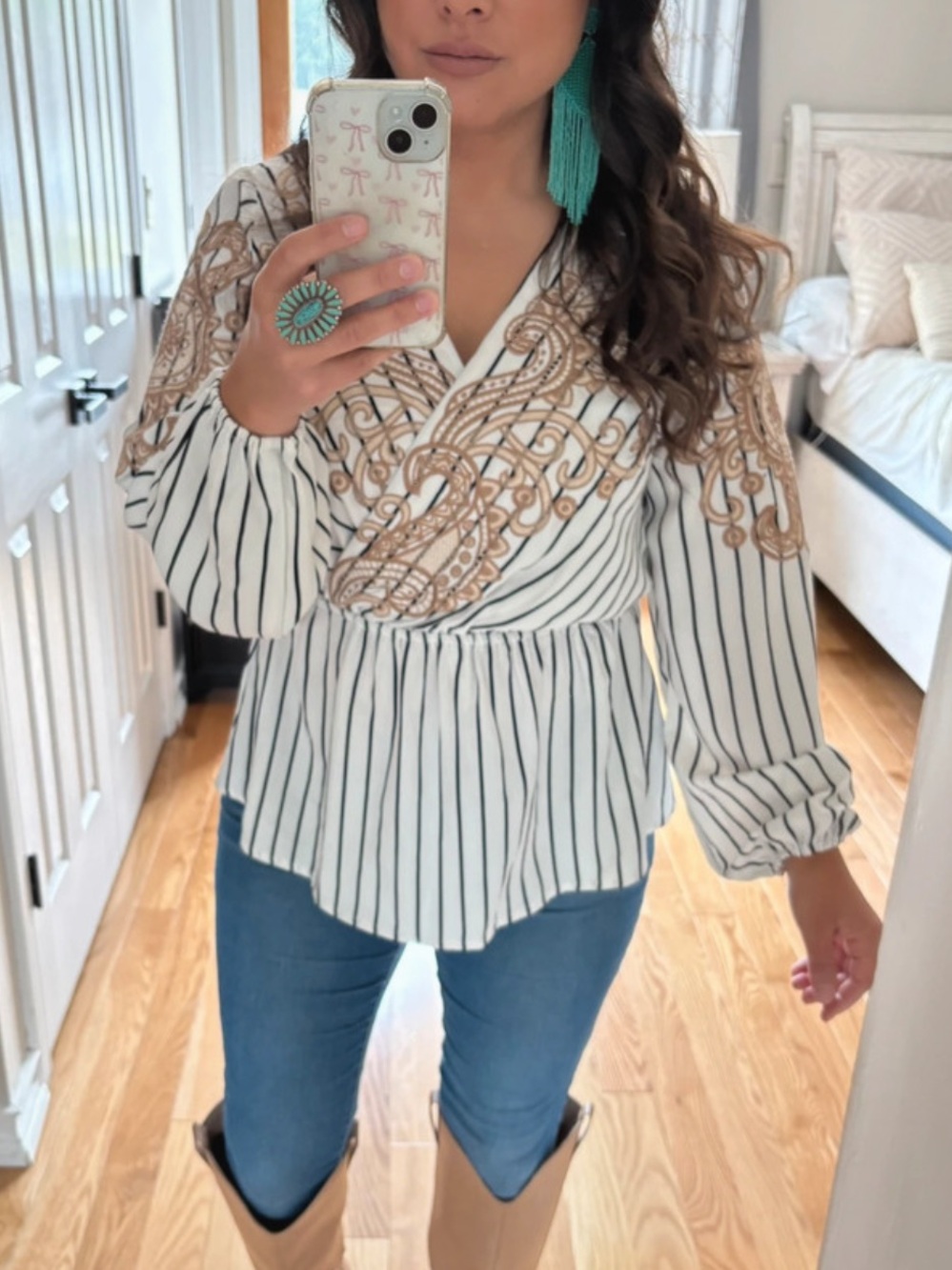Savanna Jane gorgeous embroidered balloon sleeve wrap top